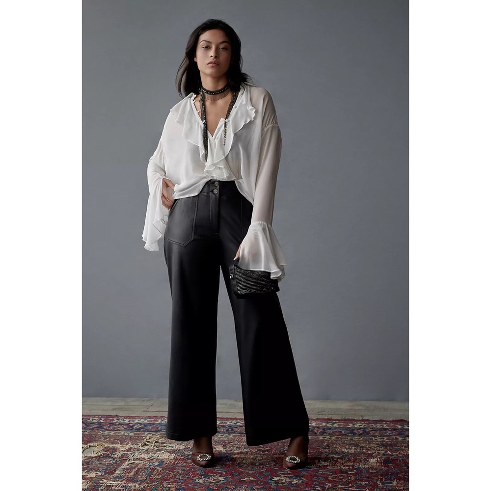Anthropologie Maeve Naomi Wide Leg Flare Faux Leather Black Pants 10